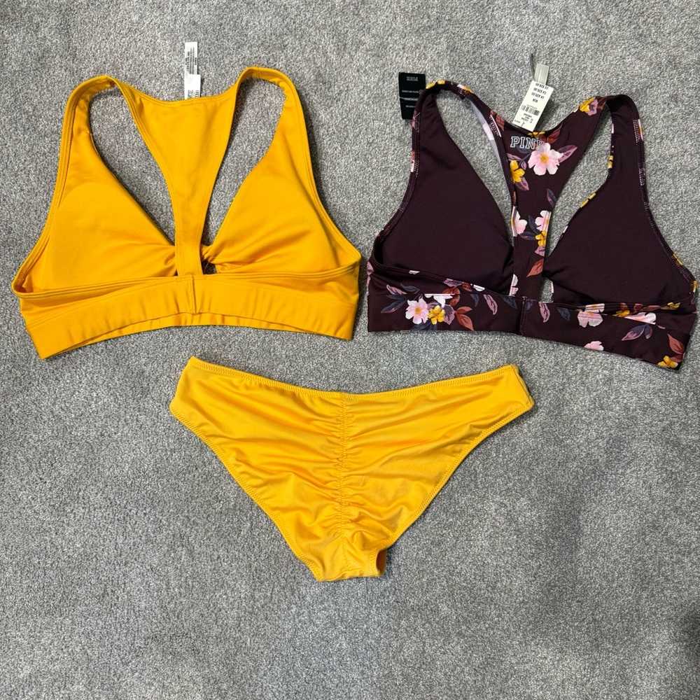 NWT PINK Victoria's Secret Yellow & Maroon Floral Sports Bra/bikini bundle Med - Picture 4 of 14